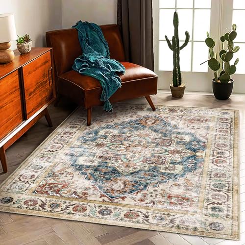 CHAMPLANT Retro Washable Area Rug 3'x5' Washable Living Room Boho Chic Medallion Distressed DesignIndoor Non-Slip Large Oriental Accent Throw Rug for Kitchen Bedroom Office Carpet - color: Beige and Blue, size: 3' x 5' (Rectangular)
