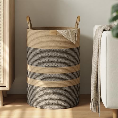 Nunsino 95L Striped Laundry Hamper with Leather Handles,Large Foldable Laundry Basket for Clothes,Cotton Rope Storage Bin for Blankets,Woven Clothes Basket for Bedroom,Dark Brown Stripes - color: Dark&Brown, size: 95L/25.1Gal