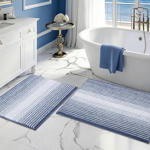 Bathroom Rugs Sets 2 Piece, Non Slip Striped Bath Mats, Denim Blue | 20"x32" Plus 16"x24"，Soft Absorbent Chenille, Quick Dry Machine Washable, Shower Rug for Bathroom Floor, Tub, Bedroom Decor - color: Denim Blue, size: 20" x 32" Plus 16" x 24"