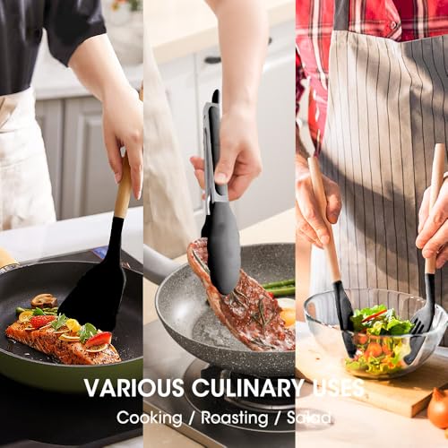Kitchen Utensils Set Silicone Kitchen Utensils Set with Wooden Handle Utensils for Cooking Heat Resistant Silicone Non-Stick Cookware BPA FREE (Black) - color: Black