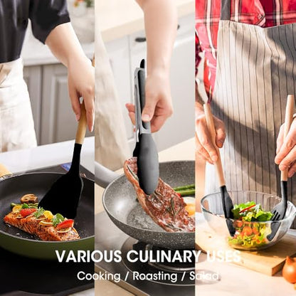 Kitchen Utensils Set Silicone Kitchen Utensils Set with Wooden Handle Utensils for Cooking Heat Resistant Silicone Non-Stick Cookware BPA FREE (Black) - color: Black