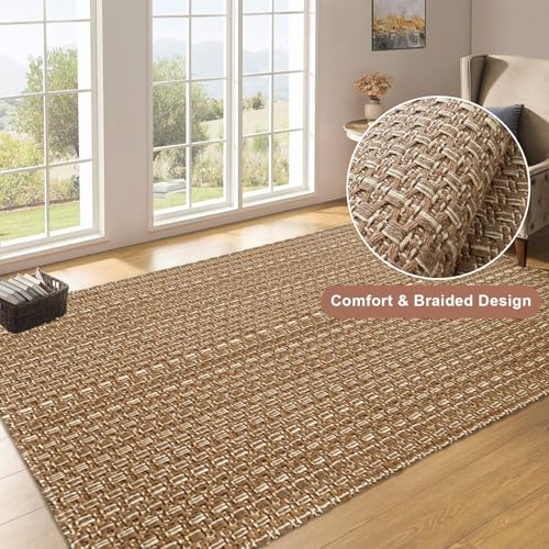 Tan Brown Boho Faux Jute Area Rug 3x5 ft,Braided Solid Non Slip Indoor Rug | Soft stain resistant washable neutral rug for bedroom, living room, home and office - size: 3' x 5' (Rectangular)
