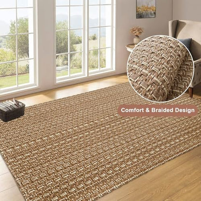 Tan Brown Boho Faux Jute Area Rug 3x5 ft,Braided Solid Non Slip Indoor Rug | Soft stain resistant washable neutral rug for bedroom, living room, home and office - size: 3' x 5' (Rectangular)