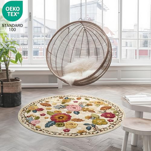 Washable 4ft Round Area Rug Beige Boho Floral Non-Slip for Bedroom, Kitchen | Soft Low-Pile Carpet for Pet Feeding Areas, Bathroom, Entryway, Nursery, Kid & Pet Friendly, Stain, Fade & Wear Resistant - color: Beige, Cream, Mustard, Brick Red and Blue, siz