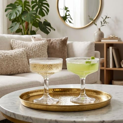 Pumtus Set of 6 Vintage Coupe Glasses, 7 OZ Embossed Martini Glass, Floral Fluted Cocktail Glasses, Unique Clear Margarita Cup, Romantic Drinking Glassware for Cocktail Wine Champagne