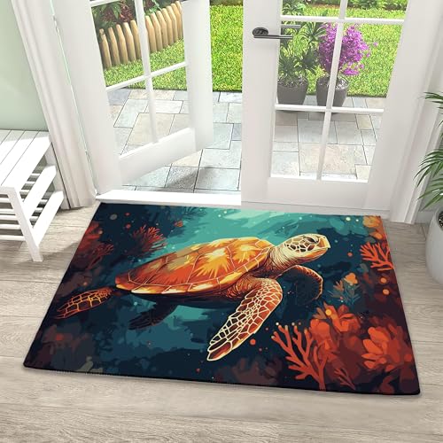 Orange Sea Turtle Door Mat, 17x30 Inch, Non-Slip, Water Absorbent, Easy to Clean, Indoor/Outdoor - color: Orange Sea Turtle