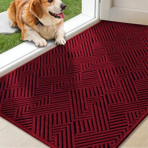 Dirt Trapper Door Mat 24" x 36", Non-Slip Washable Entrance Mat, Dirt Resistant and Absorbent Welcome Mat, Low Profile Floor Mat for Front/Back Door, Entryway, Red - color: Red, size: 24"x36" (Rectangular)
