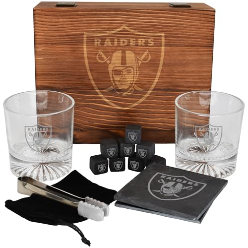 The Memory Company Licensed NFL Wood Boxed Drinkware Gift Set - Includes 2 Premium Rock Glasses, Cooling Cubes, Tongs, and Coasters, Las Vegas Raiders - color: Las Vegas Raiders