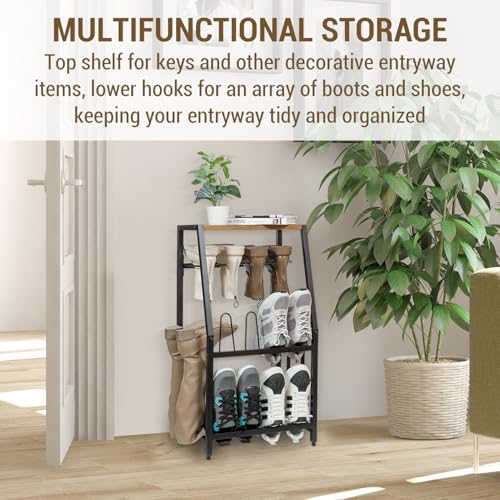 MyGift Acacia Wood & Black Metal Entryway Organizer: 2-in-1 Shoe Rack with Shelf & Boot Storage for 8 Pairs - Rustic Modern Entry Table with Adjustable Feet (Foyer/Mudroom/Garage) - color: Acacia Wood & Black Metal