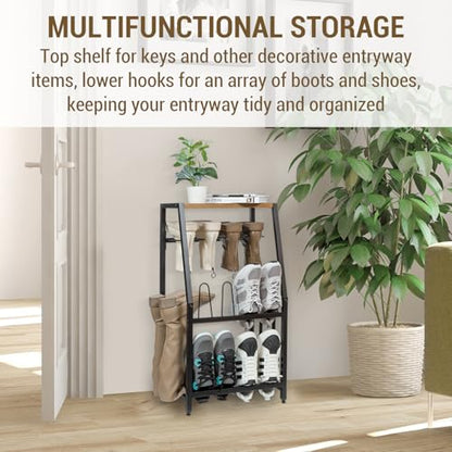 MyGift Acacia Wood & Black Metal Entryway Organizer: 2-in-1 Shoe Rack with Shelf & Boot Storage for 8 Pairs - Rustic Modern Entry Table with Adjustable Feet (Foyer/Mudroom/Garage) - color: Acacia Wood & Black Metal