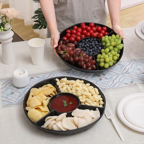 Chip & Dip Serving Tray Set, 4 Sectional Round Melamine Serving Platter, Relish Tray, Round Compartment Appetizer platter for Veggies, Candy and Snacks, Matte Black, Set of 2 - color: Black Rround Divided Tray