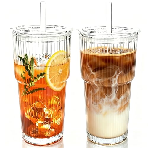 2PCS 20oz Glass Cups with Lids and Straws, Iced Coffee Cups with Lids, Stylish Ribbed Thick Drinking Glasses Tumbler for Juice, Smoothies, Cold Beverages, Cute Cup Gifts with Clean Brush - color: Clear Glass 2PCS