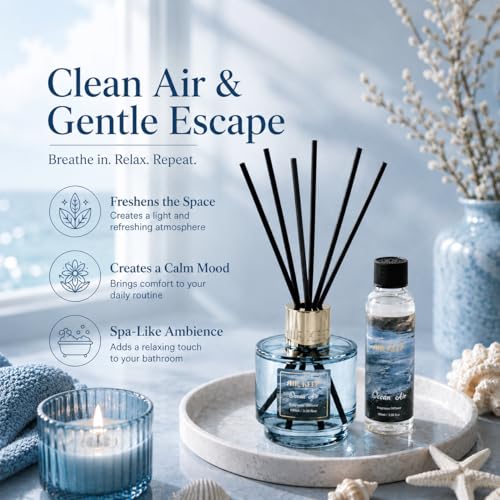 Reed Diffuser Set with Refill & 8 Reed Sticks, 6.96 fl oz Ocean Air Home Fragrance, Long Lasting Aromatherapy Diffuser for Bedroom, Bathroom & Living Room