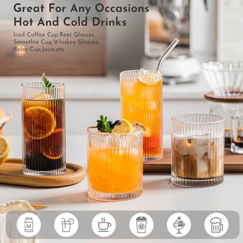 INSETLAN 12-Piece Ribbed Glassware - 6 Highball Glasses 12 oz, 6 Rocks Glass Cups 14 oz, Vintage Cocktail Drinking Glasses, Ideal for Wine, Juice, Water, Ice Coffee Cup, Whiskey, Mixed Drinkware