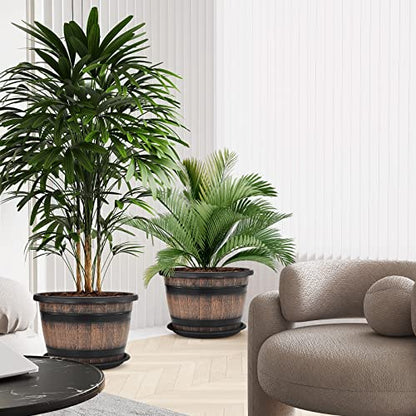 Quarut Large Plastic 4 Pack14 inch Plant Pots,Whiskey Barrel Planters with Drainage Holes & Saucer.Flower Pots Imitation Wine Barrel Design for Indoor & Outdoor Garden Balcony Plants.5 Gallons(Brown) - size: 14 inches
