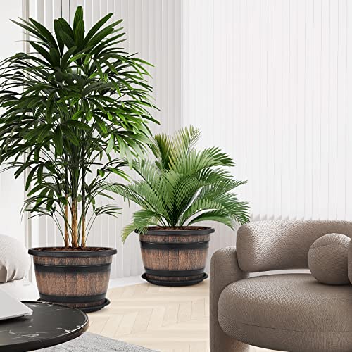 Quarut Large Plastic 3 Pack16 inch Plant Pots,Whiskey Barrel Planters with Drainage Holes & Saucer.Flower Pots Imitation Wine Barrel Design for Indoor & Outdoor Garden Balcony Plants.7 Gallons(Brown) - size: 16 inches