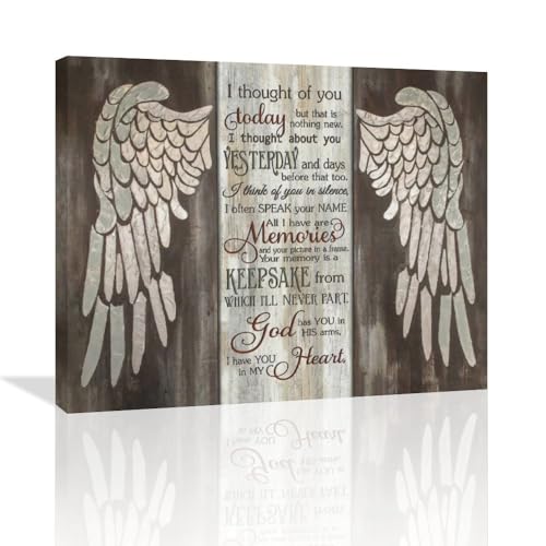 Exroozy Angel Wings Wall Art Rustic In Memory Pictures Wall Decor Angel Wings I Thought of You Today Painting Prints Framed Artwork Ready to Hang 20"x24" - color: angel wings, size: 20"L x 24"W