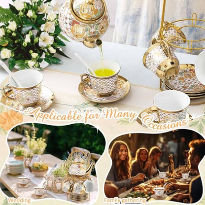 Zhehao 20 Pcs Porcelain Tea Set with Metal Holder and Spoon Adult Ceramic Tea Set European Flower Painting Teapot Cup Saucer Spoon for Women Mom Gift, Large Version (Delicate Style) - color: Delicate Style