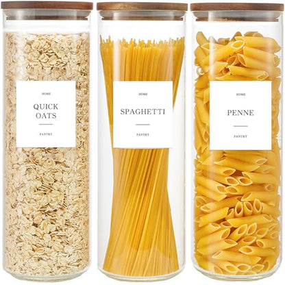 3 Pack Glass Pasta Storage Containers, 65oz Tall Pantry Jars with Wood Lids | Airtight Kitchen Canisters with 105 Labels, Glass Food Storage Containers with Acacia Lids for Cereal, Spaghetti Holder - size: 65oz 3 Pack