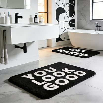 2PCS Get Naked Bath Mat & You Look Good Bath Rug, Funny Bathroom Rug Set | Black-and-White Microfiber Rugs, 16 X 24 In Each; Absorbent Pile, Non-Slip TPR Backing, Machine Washable For Samll Bathrooms - color: Black and White