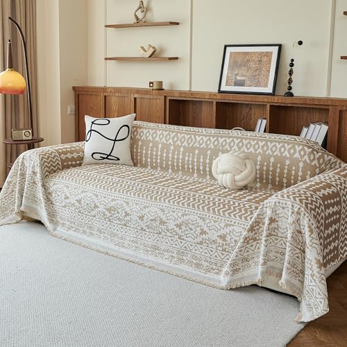 Boho Couch Cover Sofa Slipcover for Sectional Sofa Covers Protector Universal Use Chenille Blend Thick Fabric Washable, Modern Design Sofa Throw Cover for Living Room, 71" x 118", Khaki - color: W-khaki Boho Line, size: 71" x 118"