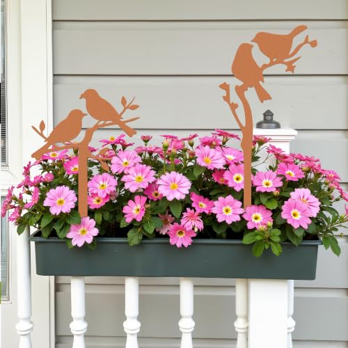 Metal Birds Garden Stake Set 2, 14.6 Inches | Rustproof Metal With Faux Rust, For Lawn, Flower Beds, Planters, Indoor Pots, Bird Silhouette Design