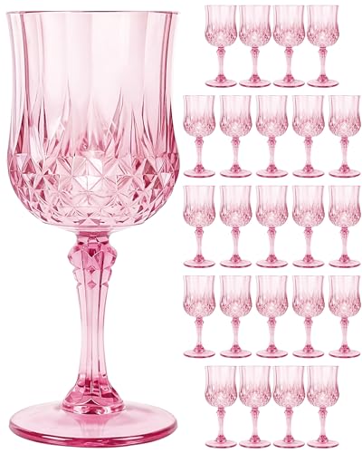 24PCS Pink Plastic Wine Glasses 7oz Acrylic Goblets Unbreakable | Shatterproof, Reusable & Disposable, Vintage Drinking Glasses with Stem, for Wedding Outdoor Dinner Party Bridal Shower - color: Pink