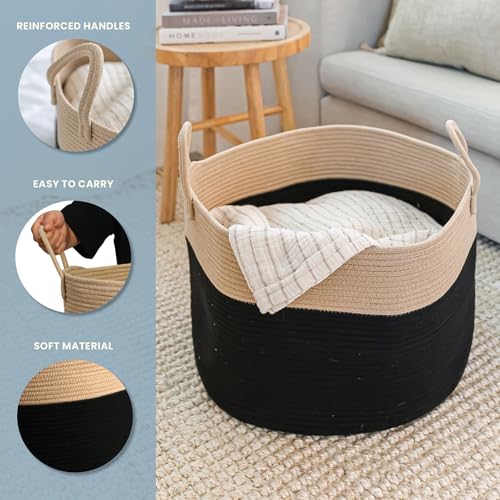 OrganiHaus Round Toy Basket & Blanket Basket, Cotton Rope 20x13" | Black / Honey - Round Cotton Rope Basket, 20x13" - color: Black / Honey, size: Wide