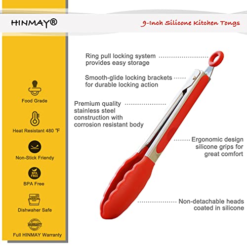 HINMAY Silicone Cooking Tongs 9-Inch Serving Tongs, Set of 3 (Red) - color: Red