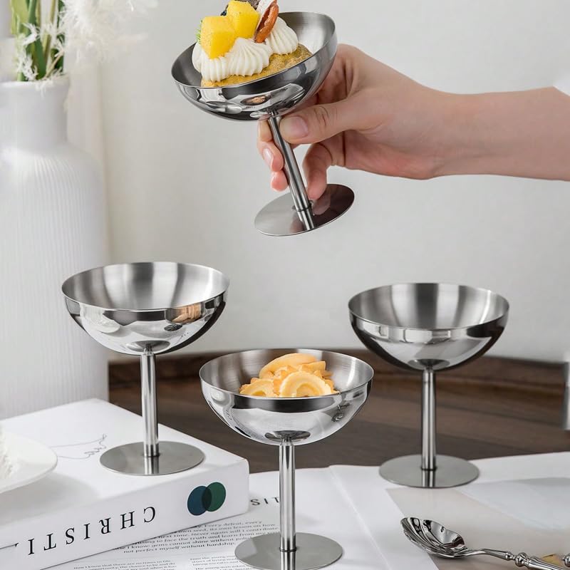 choxila Ice Cream Bowls 4pcs – Elegant Stainless Steel Dessert Cups, Footed Bowl for Ice Cream, Trifle, and More – Perfect for Parties, Weddings, and Home Use - color: Stainless Steel