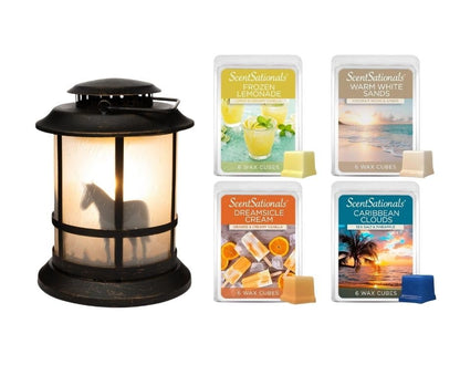 Scentsationals Lantern Wax Warmer and 4-Pack Variety Pack Wax Melts Starter Bundle (Ranch Lantern Warmer + Staycation 4pk)