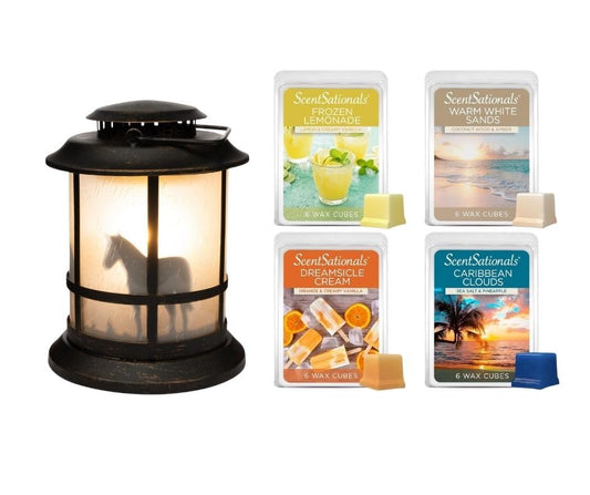 Scentsationals Lantern Wax Warmer and 4-Pack Variety Pack Wax Melts Starter Bundle (Ranch Lantern Warmer + Staycation 4pk)