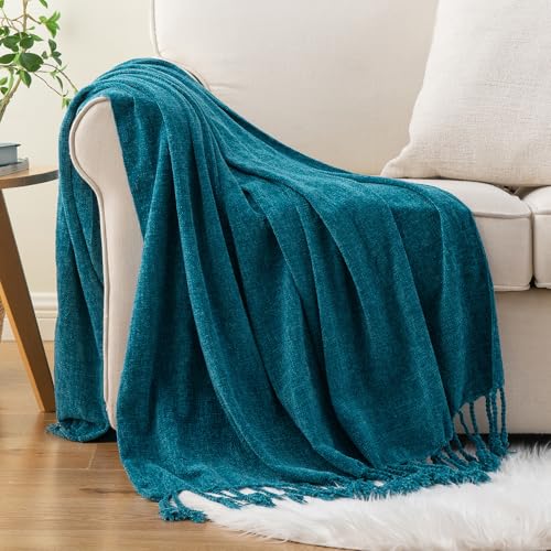 BATTILO HOME Teal Blue Chenille Throw Blanket for Couch, Soft Cozy Textured Knit Throw Blanket with Handmade Fringe Tassels, Lightweight Decorative Farmhouse Blanket for Sofa Bed Chair, 50"x60" - color: Teal
