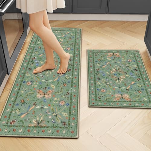 Kitchen Rugs Sets of 2, Non Slip Washable Kitchen Mats for Floor, Stain Resistant Farmhouse Floor Mat Carpet Runner for Kitchen Sink Office Laundry Hallway, Green 20"x32"+20"x48" - color: Green