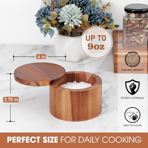 Demigo Acacia Wood Salt Cellar, 9 oz Salt Box with Swivel Lid, Spice Jar | Wooden Salt Keeper & Seasoning Storage for Kitchen Counter, Holds Table Salt, Sea Salt, Herbs, Pepper & Sugar - color: Acacia Original Salt Box