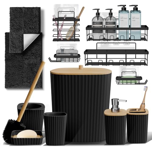 Clara Clark Bathroom Set - Black Bathroom Accessories Set, 6PC Bathroom Accessory Set, Bathroom Sets with Bathroom Rugs, Adhesive Corner Shower Caddy Hanging, Toilet Brush, Trash Can & Soap Dispenser - color: Black, size: Complete Set + Bath Rugs + Shower