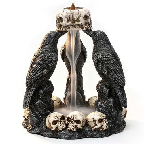 Raven Backflow Incense Burner – Three Ravens with Skull Base Cone Incense Holder, Gothic Incense Burner Statue for Wiccan Altar Dark Decor, Gothic Raven Collector Gift, 5.25 Inch High - color: Multi-color Raven