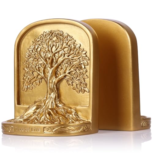Gold Tree of Life Bookends Set, 2 Decorative Bookends for Shelves or Bookcase, Non-Skid Heavy Bookends for Desktop Shelf Decor, Library Office Decor, Home Décor Gift (Gold) - color: Gold, size: Small