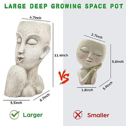 Face Head Planter Pots for Indoor Outdoor Plants Large Flower Pots Unique Succulent Planter with Drainage Hole Creative Lady Pot Resin Women Statue Vase Garden Decor- 11.4 x 8.7 x 5.5 Inch