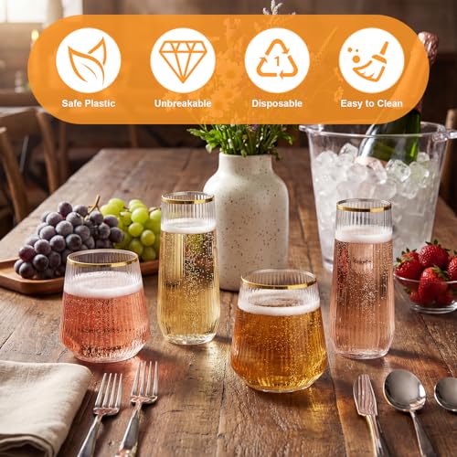 Remerry 48 Pack Stemless Plastic Wine Glasses 9 oz & 12 oz Disposable Champagne Flutes Cups Shatterproof Toasting Cocktail Glasses for Weddings, Bars, Events(Clear Ripple with Gold Rim) - style: Clear Ripple with Gold Rim