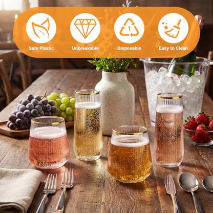 Remerry 48 Pack Stemless Plastic Wine Glasses 9 oz & 12 oz Disposable Champagne Flutes Cups Shatterproof Toasting Cocktail Glasses for Weddings, Bars, Events(Clear Ripple with Gold Rim) - style: Clear Ripple with Gold Rim