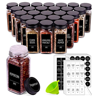 Churboro 36 Pack Glass Spice Jars with Labels, 4oz Spice Containers | Square Spice Bottles with Black Caps, Shaker Lids, 547 Labels, Funnel & Chalk Pen. Keep Seasoning Jars Neat and Organized
