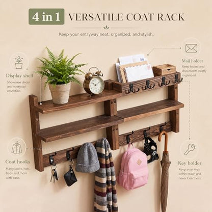 28" Coat Rack Wall Mount with Shelf 4 in 1 Two Tier Wall Shelf Coat and Key Hanger with 11 Hooks Entryway Key Holder with Mail Holder for Hallway Entryway Bathroom Mudroom Bedroom, Rustic Brown