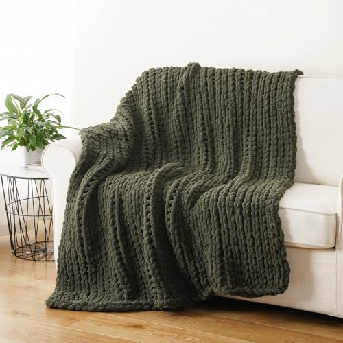 Olive Green Chunky Knit Throw Blanket, Knit Throw Blanket for Couch 50"x60" | Soft Thick Green Chenille Throw Blanket, Handmade Cable Knit Crochet Blanket for Bed, Sofa, Living Room - color: Olive Green