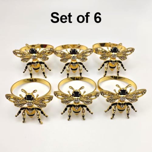Bee Napkin Rings Set of 6, Gold Bee Napkin Holders with Rhinestones | Serviette Buckles Metal Holder for Cloth Napkins, Party Table Decor Banquet Wedding Birthday Thanksgiving Holiday Daily Use