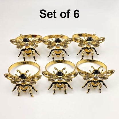Bee Napkin Rings Set of 6, Gold Bee Napkin Holders with Rhinestones | Serviette Buckles Metal Holder for Cloth Napkins, Party Table Decor Banquet Wedding Birthday Thanksgiving Holiday Daily Use