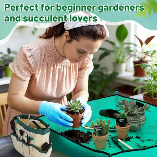 ANPHSIN 44pcs Small Gardening Tools Gifts for Women Beginners, Green | Garden Hand Tools Set for Indoor Succulent, Bonsai, Plants Transplanting, Included Bag/Repotting Mat/Shovel/Labels - color: Green