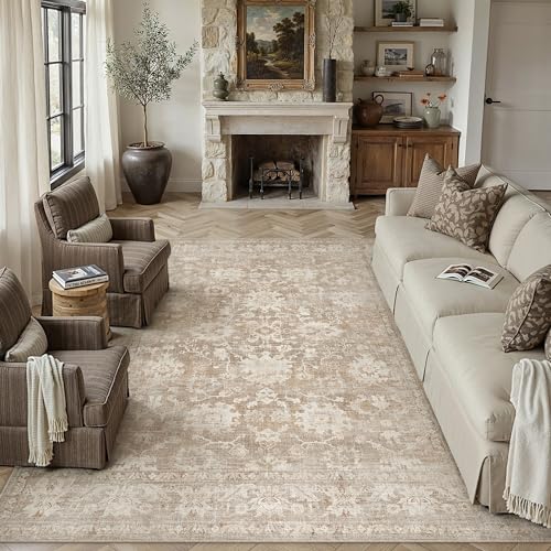 8x10 Beige Retro Distressed Washable Area Rug for Living Room | Low Pile, Non Slip, Vintage Distressed, Soft Large Area Rug for Living Room, Bedroom, Dining Room, Office, Home Decor - color: A| Beige, size: 8' x 10' (Rectangular)