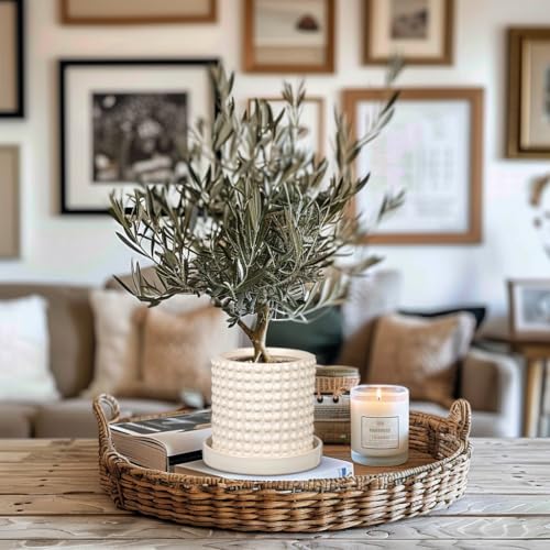 Set of 2 Ceramic Planter Pots with Drainage Hole and Saucer, Round Flower Pot Hobnail Modern Planter Pots for Indoor & Outdoor Plants - 4 Inch & 6 Inch, White - color: Off-white # 4+6 Inch