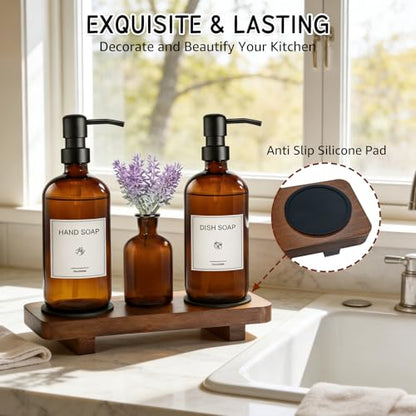 KEYWING 16oz Amber Glass Kitchen Soap Dispenser Set with Wood Tray | Hand and Dish Soap Dispenser Set with Stainless Steel Pumps, Waterproof Labels, Non-Slip Silicone Pads, for Kitchen, Bathroom